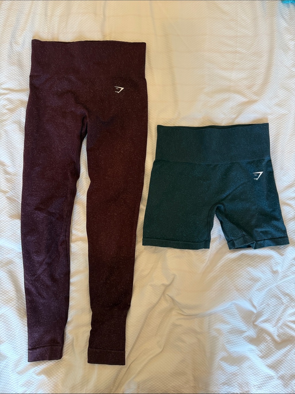 Gymshark Burgundy Leggings and Dark Green Bike Shorts